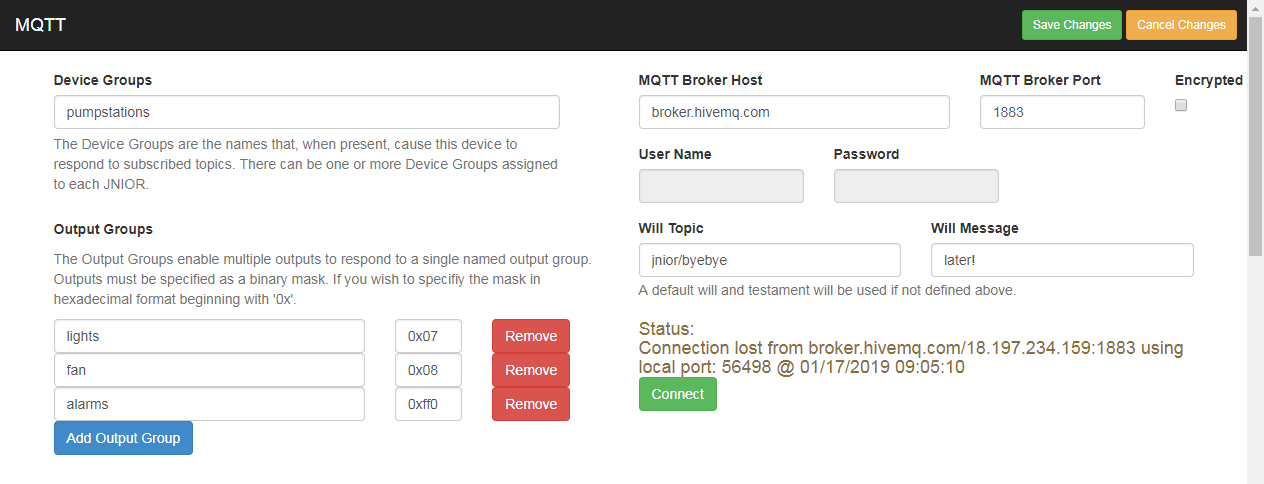 MQTT web page for MQTT application
