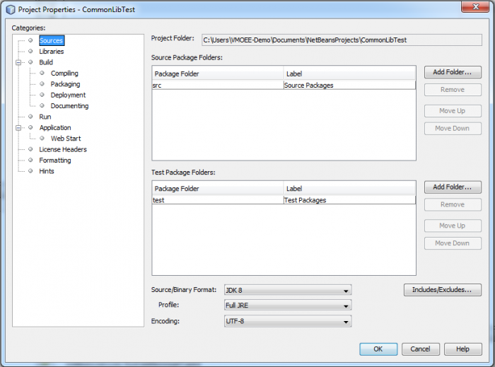 Project Properties for JNIOR Netbeans Project