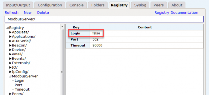 Modbus login registry key for Modbus application